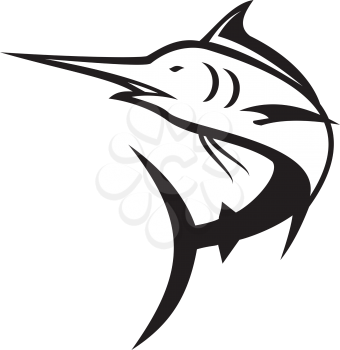 Icon retro style illustration of a blue marlin jumping to the right done in black and white on isolated background.