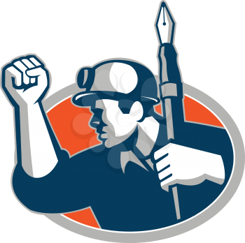 Mascot icon illustration of a coal miner holding a fountain pen and doing a fist pump set inside oval  viewed from side on isolated background in retro style.