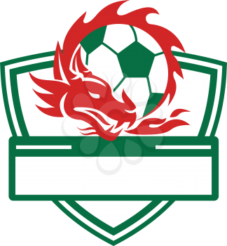Retro style illustration of a Dragon coling around a Soccer Ball set inside Crest shield on isolated background.