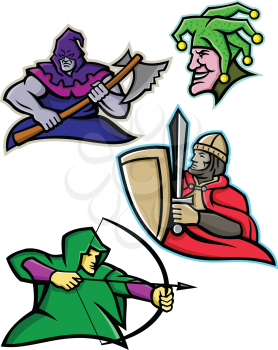 Mascot icon illustration set of a king or royal medieval court persons or characters like the hooded executioner, court jester, fool or joker, medieval knight and the medieval archer on isolated background in retro style.