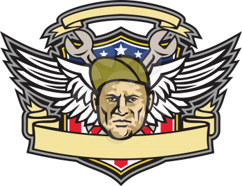 Mascot icon illustration of head of a crew chief or aircraft mechanic with crossed wrench and air force army wings with American stars and stripes flag inside shield on isolated background in retro style.