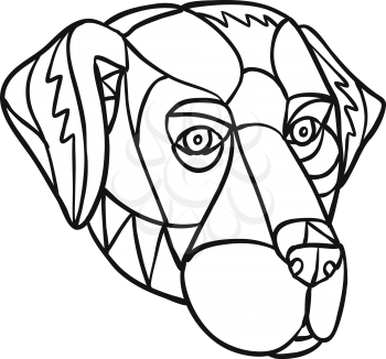 Mosaic low polygon style illustration of head of a black lab, labrador retriever, or retriever-gun dog on isolated white background in Black and White.