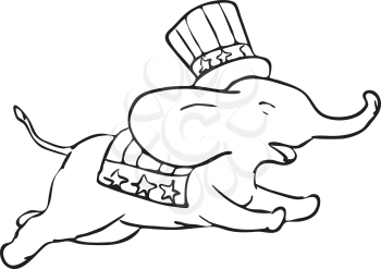 Illustration graphics showing a drawing of an elephant mascot wearing American stars and stripes flag top hat jumping on white background done in black and white.