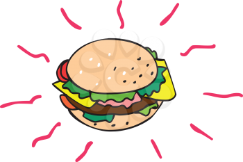 Cartoon style illustration of a cheeseburger, a hamburger topped with slice of cheese is placed on top of the meat patty with lettuce and tomatoes set on isolated white background.