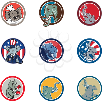 Set or collection of cartoon character mascot style illustration of an elephant head set inside circle or oval shape on isolated white background.