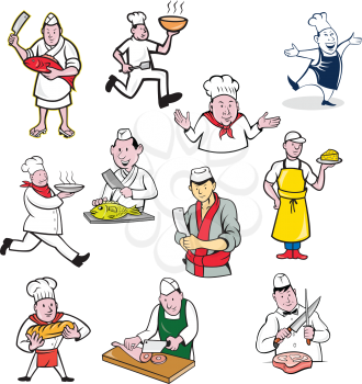 Set or collection of cartoon character mascot style illustration of food worker such as chef, cook, baker, cheesemaker, fishmonger or butcher full body or bust on isolated white background.