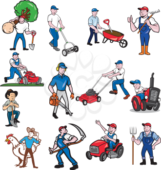 Set or collection of cartoon character mascot style illustration of a agricultural worker, gardener or farmer riding tractor, ride-on lawnmower, mower, holding scythe, shovel tool on isolated white background.