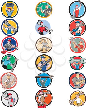 Set or Collection of cartoon character icon style illustration of mechanic, technician, tireman, auto mechanic or industrial worker set inside circle shape on isolated white background.