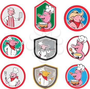 Set or collection of cartoon character mascot style illustration of pig, hog or boar as worker, chef, cook, butcher, waiter, cowboy, soldier, military personnel set in circle, oval, crest or shield on isolated white background.
