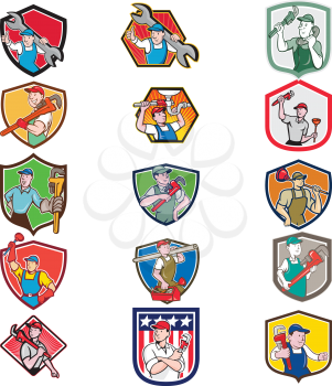 Set or collection of cartoon character mascot style illustration of a plumber contractor in overalls and hat carrying monkey wrench and toolbox set in crest or shield on isolated white background.