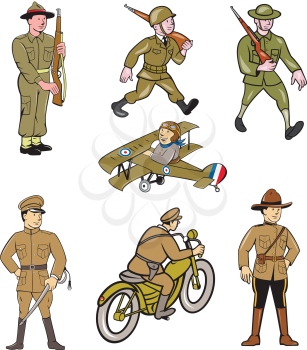 Set or collection of cartoon character mascot style illustration of World War One military soldier like the British , American, French and Japanese army on isolated white background.