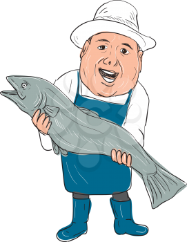 Illustration of a Fishmonger Presenting selling Fish front view done in hand drawing Cartoon style.
