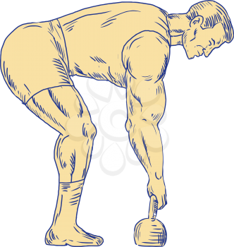 Illustration of a Superhero Lifting Kettlebell side view done in hand sketch Drawing style.