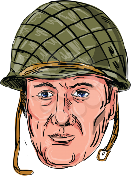 Illustration of a World War Two American Soldier Head viewed from front done in hand sketch Drawing style on isolated background.