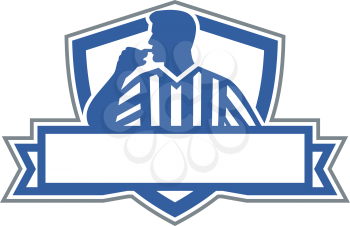 Illustration of a referee umpire official holding blowing whistle in mouth looking to the side viewed from front set inside shield crest with banner done in retro style. 