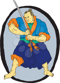 Drawing sketch style illustration of a Samurai Warrior wielding Katana sword in fighting stance set inside Enso circle on isolated background.