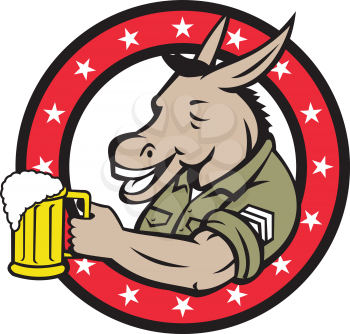 Retro style illustration of a donkey beer drinker wearing a sargeant military uniform holding a mug of beer ale set inside circle on isolated background.