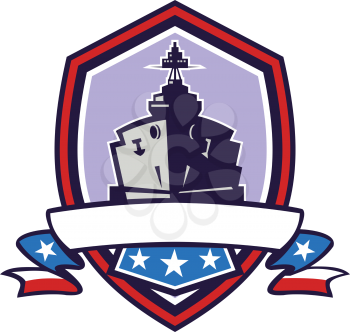 Retro style illustration of a battleship or naval destroyer with stars and stripes ribbon set inside crest shield on isolated background.