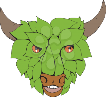 Drawing sketch style illustration of a green bull with leaf or green leaves forming the head viewed from front on isolated background.