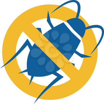 Icon style illustration for Stop Cockroach showing a cockroach set inside circle with a diagonal line in the middle on isolated background.
