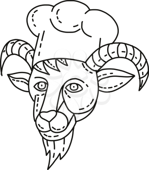 Mono line illustration of a head of the mountain goat chef, cook or baker done in black and white monoline style.