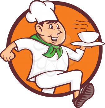 Mascot icon illustration of a speedy running chef, cook or baker serving a bowl of hot fast food set inisde circle viewed from side on isolated background in retro style.