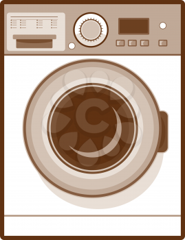 Retro style illustration of a  front loading washing machine in washing mode on isolated background.