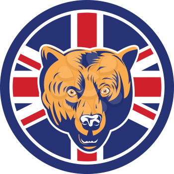 Icon retro style illustration of a British brown bear head with United Kingdom UK, Great Britain Union Jack flag set inside circle on isolated background.