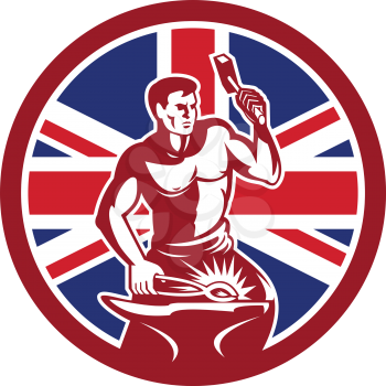 Icon retro style illustration of a British blacksmith or farrier holding hammer and anvil with United Kingdom UK, Great Britain Union Jack flag set inside circle on isolated background.