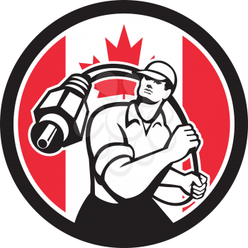 Icon retro style illustration of a Canadian cable installer guy holding RCA plug cable with Canada maple leaf flag set inside circle on isolated background.