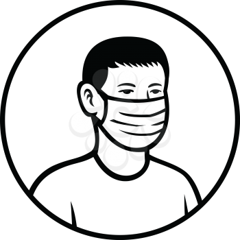 Black and white retro style illustration of an Asian teenage child or teenager boy wearing a face mask viewed from front set inside circle on isolated background.