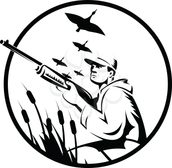 Black and white illustration of a duck hunter or bird shooter with rifle hunting aiming shooting geese flying overhead in marshes in the background set inside circle done in retro style. 