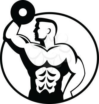 Black and white retro style illustration of a muscular bodybuilder guy lifting dumbbell viewed from side set inside circle on isolated white background.