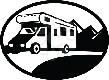 Black and white retro style illustration of a campervan, motorhome or caravan van  travelling on road with mountains in background set inside oval on isolated background.