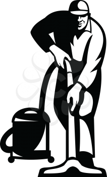 Illustration of a janitor cleaner worker vacuuming cleaning with vacuum cleaner facing front on isolated done in retro style.