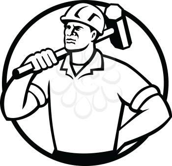 Mascot illustration of a black African American demolition worker, laborer or construction worker with sledgehammer set inside circle on isolated white background done in retro style.