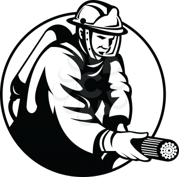 Black and white retro style illustration of a firefighter or fireman aiming a fire hose set inside circle on isolated background.