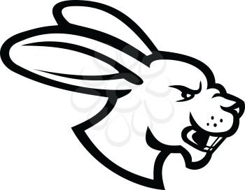 Black and white illustration of head of an angry hare, jackrabbit or rabbit viewed from side on isolated background in retro style.
