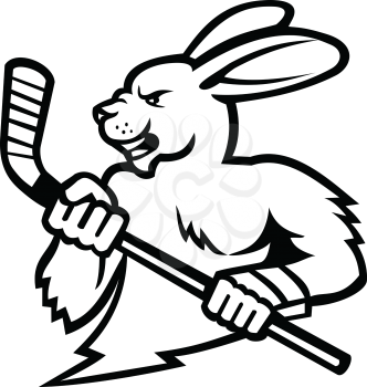Black and white illustration of head of a hare, jackrabbit or rabbit ice hockey player holding an ice hockey stick viewed from side on isolated background in retro style.