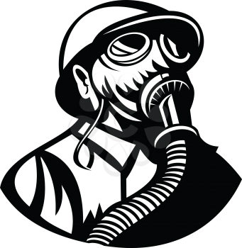 Black and white retro style illustration of man wearing a hardhat and gas mask looking up viewed from front on isolated background.