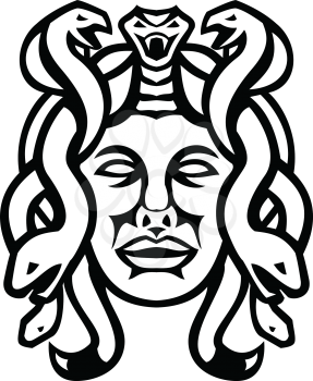 Black and white illustration of head of Medusa, in Greek mythology, a monster, a Gorgon, described as a winged human female with living venomous snakes in place of hair viewed from front in retro style.