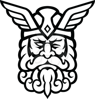 Mascot illustration of head of  Odin, also called Wodan, Woden, or Wotan, one of the principal gods in Norse mythology viewed from front on isolated background in retro Black and white style.