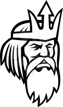 Black and white mascot illustration of of head of Poseidon or Neptune, god of the Sea in Greek and Roman mythology looking to side viewed from front on isolated background in retro style.