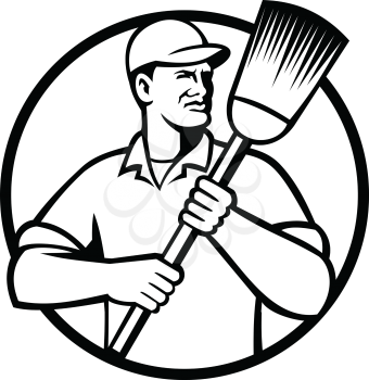 Black and white illustration of a street sweeper, janitor or street cleaner holding a broom or sweeper looking to side set inside circle on isolated white background done in retro style.