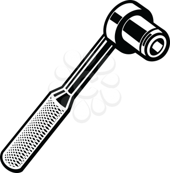 Black and white retro style illustration of a torque ratchet wrench on isolated background.