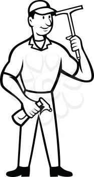 Black and white illustration of window cleaner with squeegee and spray bottle on isolated background done in cartoon style.