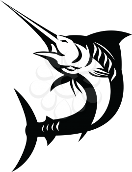Black and White Illustration of a blue marlin, swordfish or sailfish fish jumping up viewed from front set inside shield crest on isolated background done retro style. 