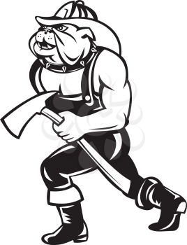 Cartoon style illustration of a bulldog fireman or firefighter walking carrying a fire axe viewed from side done in black and white.