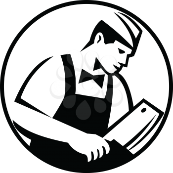 Retro Black and White style illustration of a butcher cutter worker holding meat cleaver facing side set inside circle on isolated background.