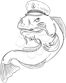 Black and White Drawing sketch style illustration of a catfish wearing sea captain hat cap on isolated background.
